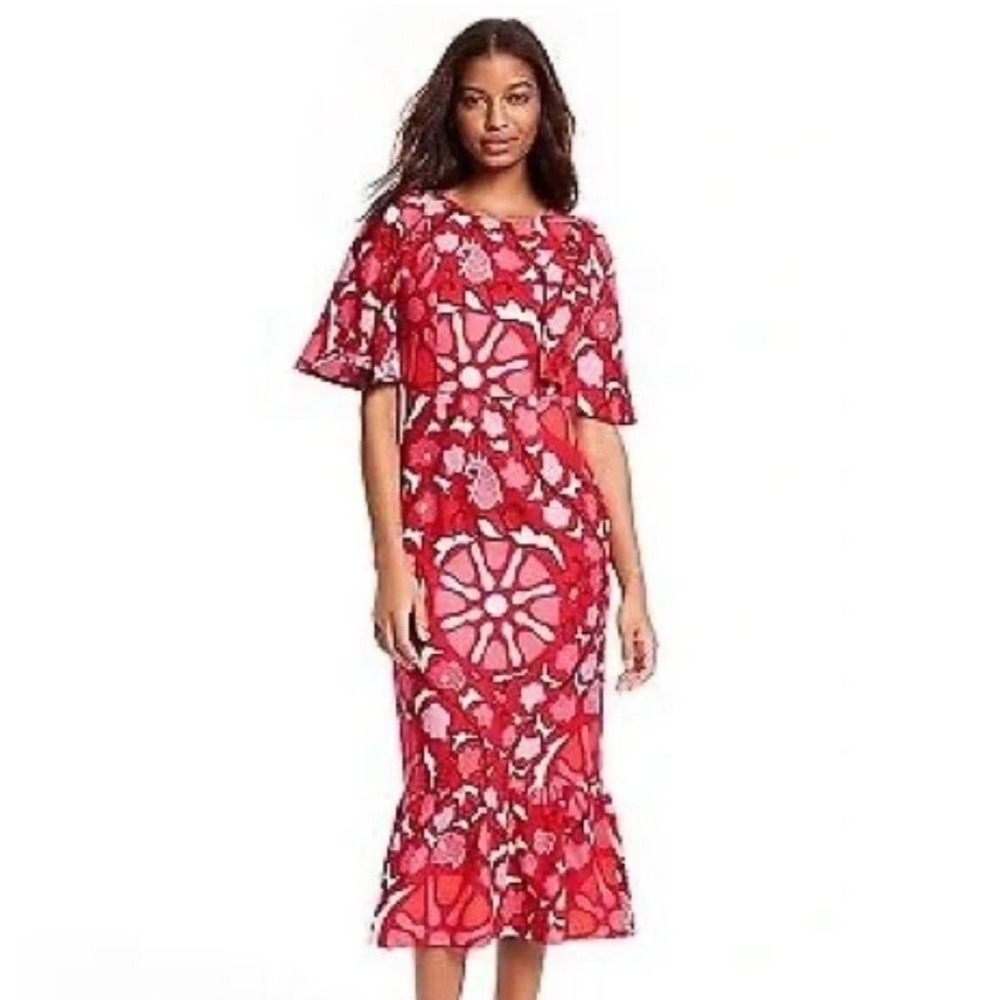 RHODE Red Floral Zinnia Midi Dress Flutter Sleeve Ruffle‎ Hem Size 4
